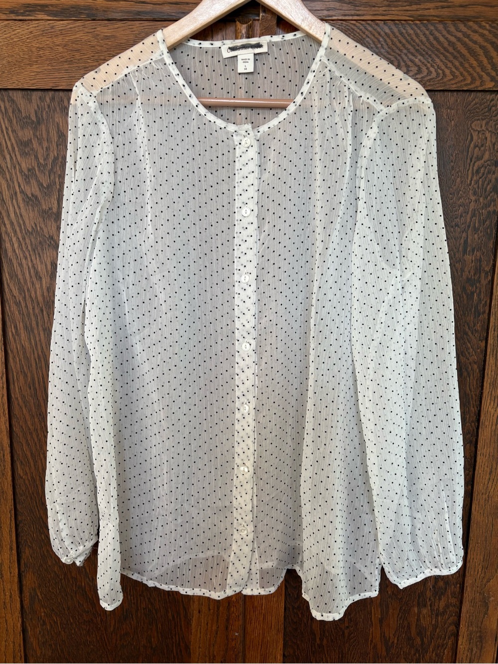 Coldwater Creek Sheer White Polka Dot Button-Front Blouse Large